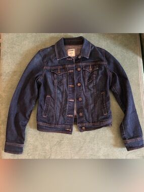 Old Navy Dark Wash Denim Trucker Jacket with Copper Stitching